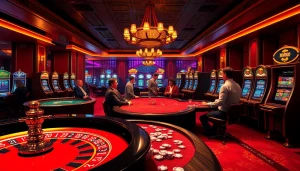 Players enjoying a luxurious casino experience at MMOO, engaging with roulette and slot machines.