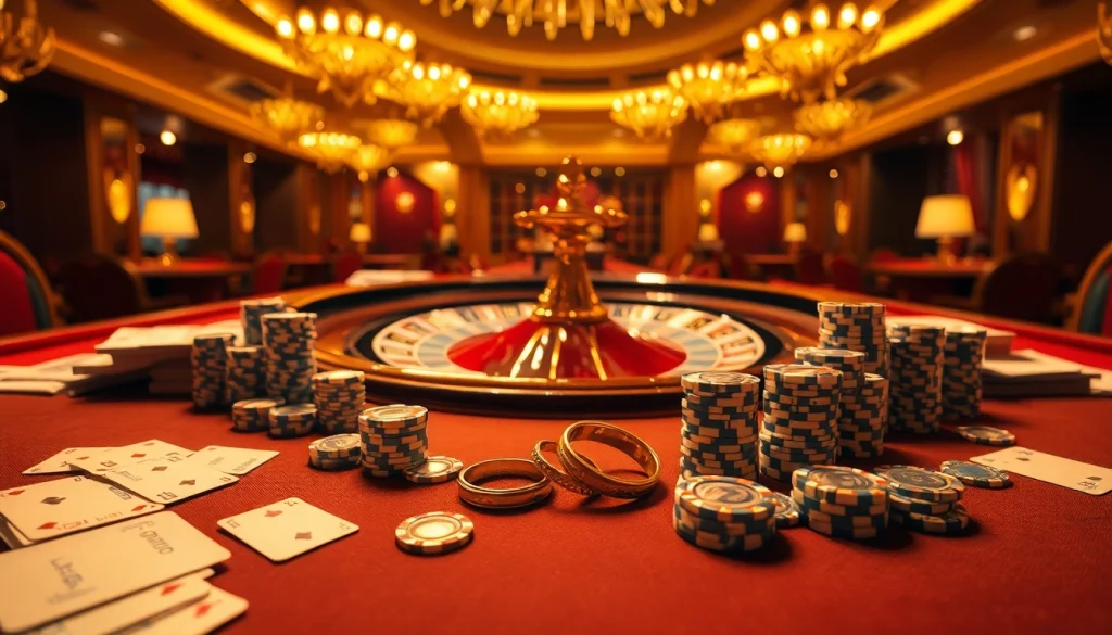 Wedding rings 對戒 resting among poker chips on an elegant casino table.