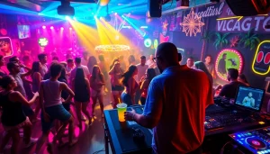 Experience the vibrant energy of reggaeton clubs Puerto Rico with dancers, music, and colorful lights.