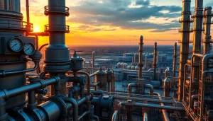 Refineries highlight advanced industrial processes with towering structures and glowing machinery.