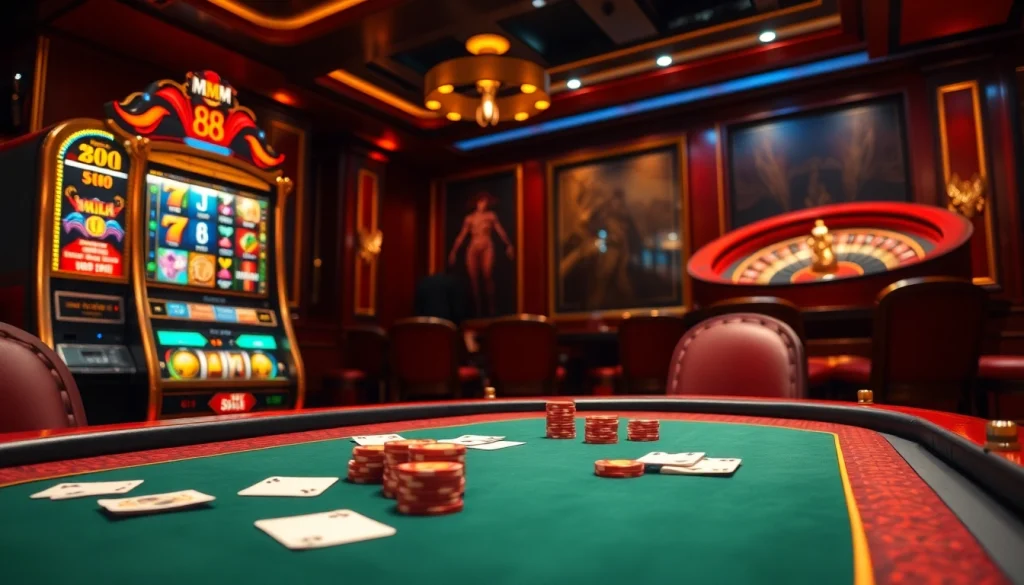 Experience the excitement of MM 88 with vibrant casino elements like poker chips and slot machines.