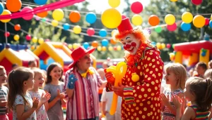 Engaging clown performing fun balloon art at an outdoor event for https://www.tcspecialentertainment4u.com.