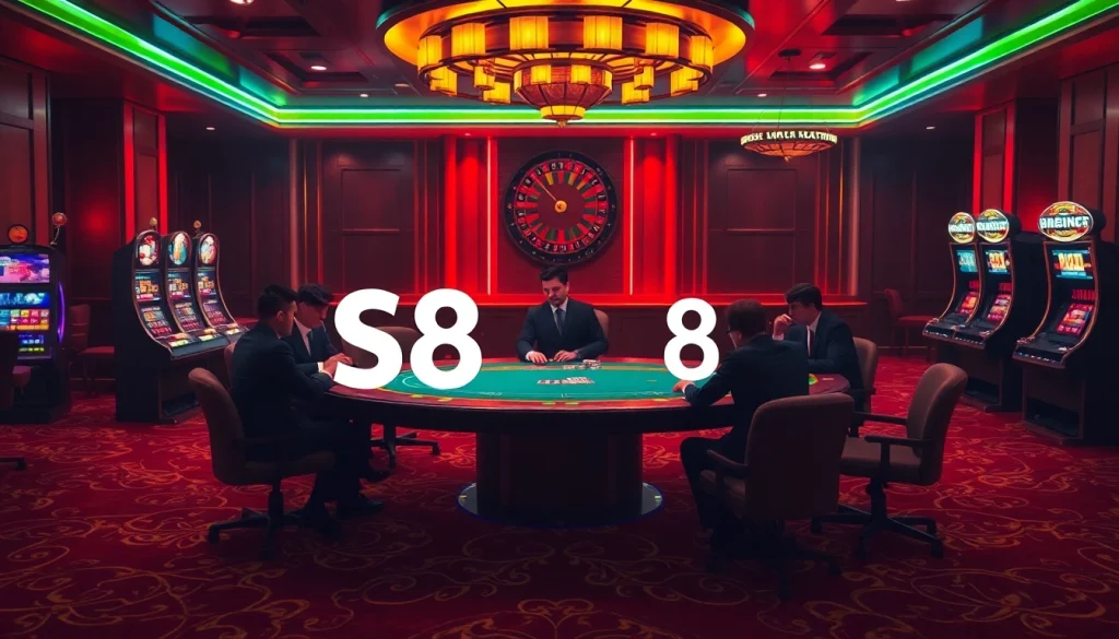 S8 casino players compete at a high-stakes poker table, showcasing a vibrant gambling atmosphere.