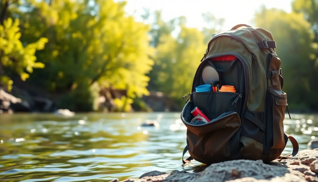 Shop fly fishing backpack with ergonomic design and waterproof features displayed against a scenic river.