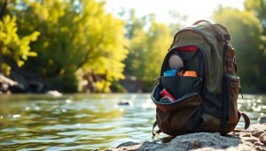 Shop fly fishing backpack with ergonomic design and waterproof features displayed against a scenic river.
