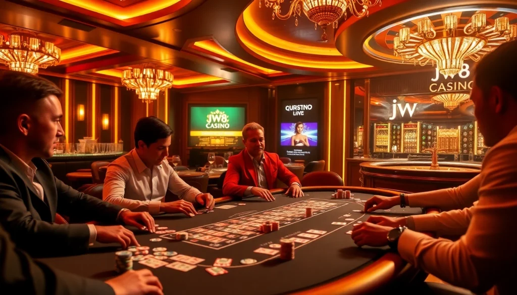 Experience the thrilling atmosphere of jw8 casino with luxurious poker tables and vibrant games.