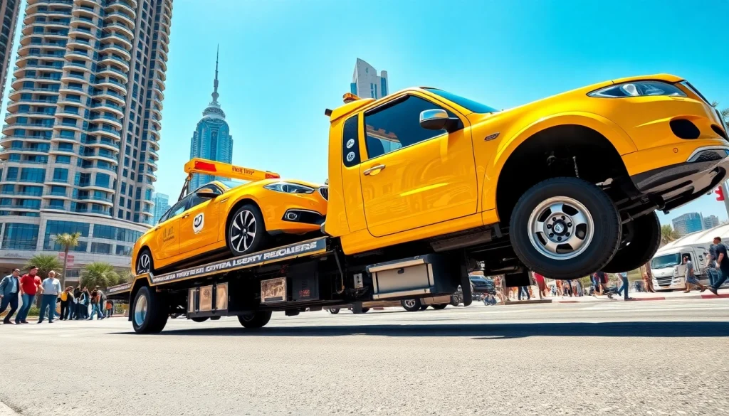 Assisting with emergency car recovery services at https://trtrecoveryuae.com in a vibrant Dubai setting.