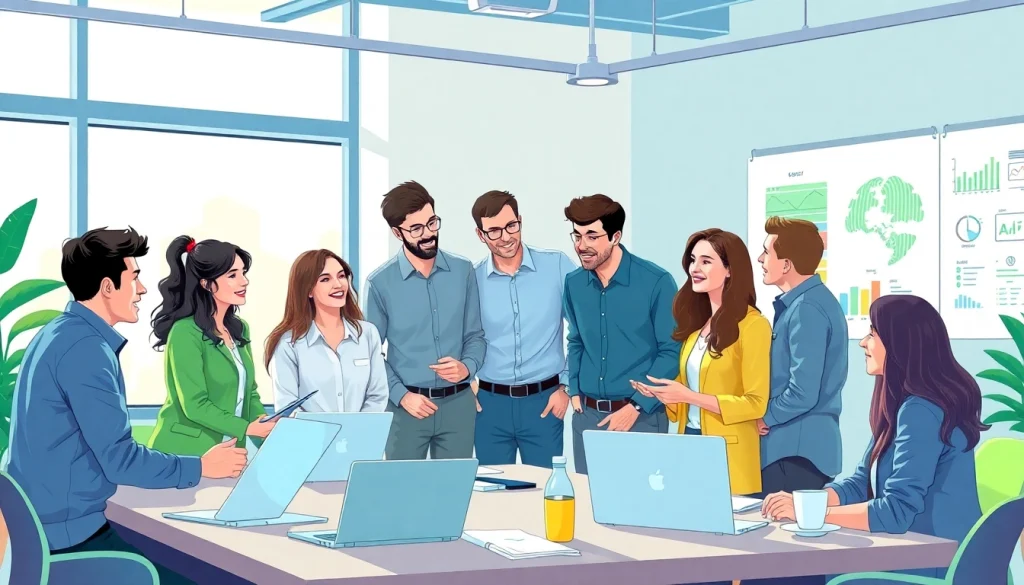 Engaged team discussing innovative ai startup ideas in a bright, modern office.