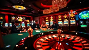 Engaging players at a poker table representing Link Vào QH88, showcasing a thrilling casino atmosphere.