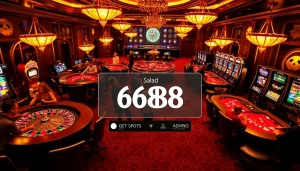 Exciting casino scene featuring a "Salad 6688" betting option with gamblers engaged at poker and roulette tables.