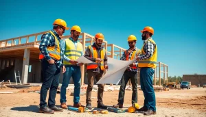Collaborative construction association South Carolina workers discussing plans on-site with tools.