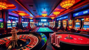 Experience excitement at EV88 casino with vibrant tables, chips, and glamorous slot machines.