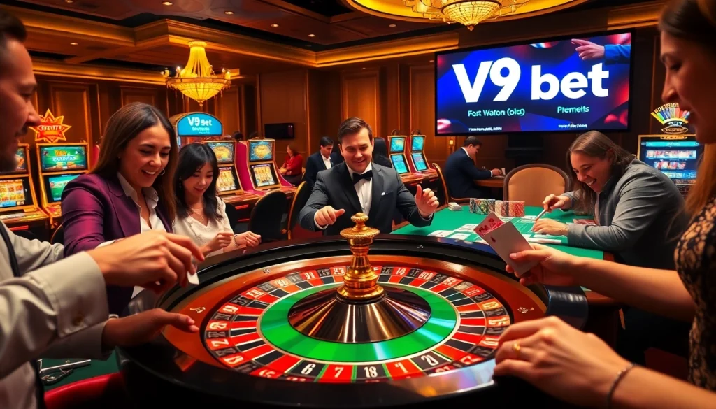 Engaging players at V9 bet enjoying a lively casino atmosphere with roulette and poker games.