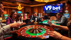 Engaging players at V9 bet enjoying a lively casino atmosphere with roulette and poker games.