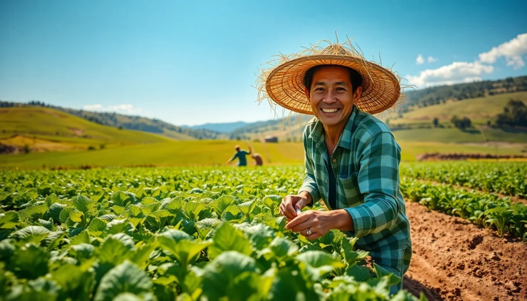 Petani toto merawat ladang subur dengan gembira, menciptakan suasana harmonis.