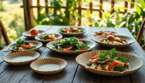 Showcasing compostable sugarcane plates elegantly arranged with vibrant food for an eco-friendly table setting.