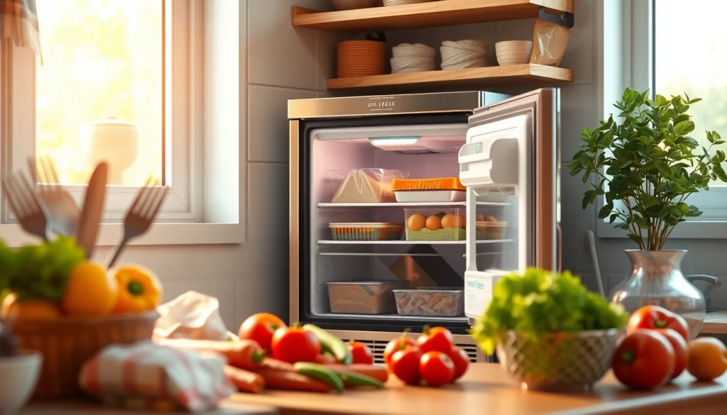 A modern mini freezer filled with organized frozen goods in a bright kitchen setting.