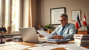 Beëdigd vertaler working in a professional office, reviewing official documents with legal certificates.