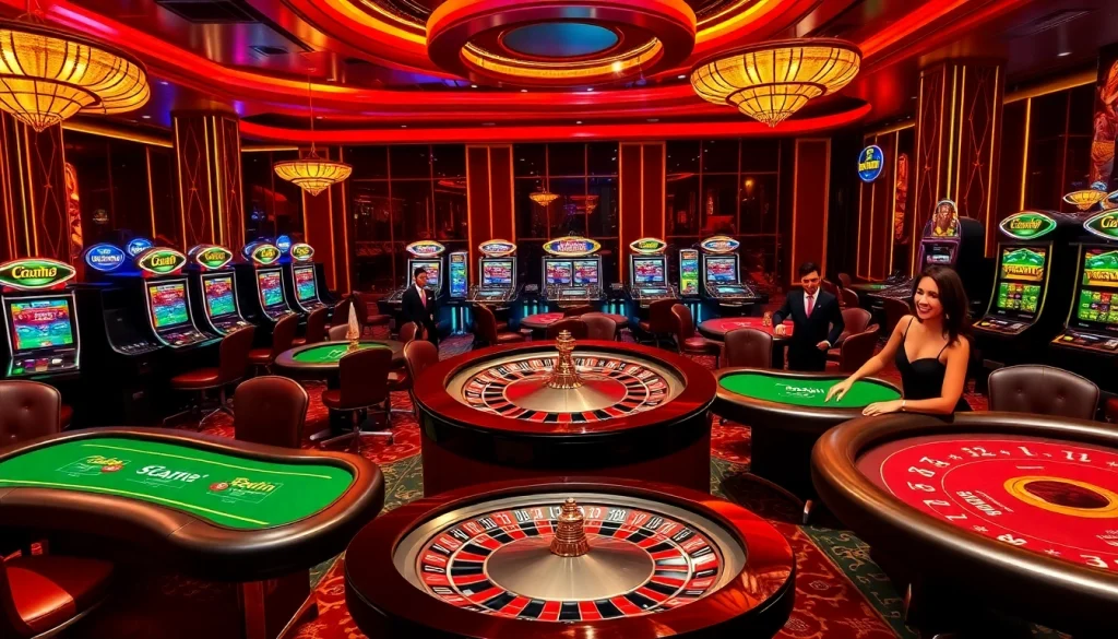 Experience the thrill of tải game 33win at an upscale casino with vibrant tables and slot machines.