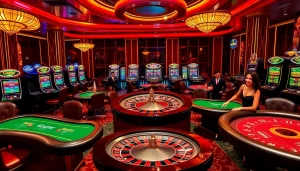Experience the thrill of tải game 33win at an upscale casino with vibrant tables and slot machines.