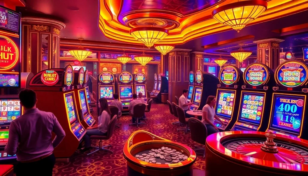 Action-packed players engaging with doaslot slot machines in a vibrant casino setting.