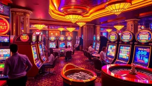 Action-packed players engaging with doaslot slot machines in a vibrant casino setting.