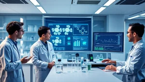 Cannabinoid research lab with scientists discussing data on win55 innovations.