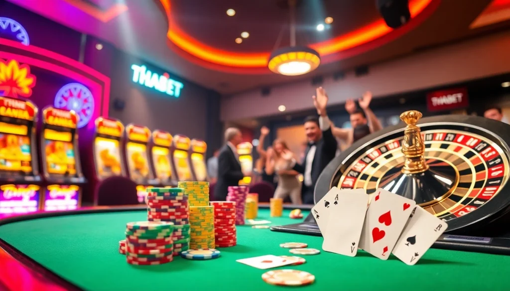 Experience high-stakes excitement with THABET at a vibrant casino table featuring poker chips and roulette.