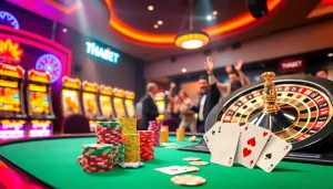 Experience high-stakes excitement with THABET at a vibrant casino table featuring poker chips and roulette.