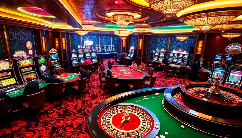 Exciting casino experience with players at tables and roulette wheel - BIG88.BAR