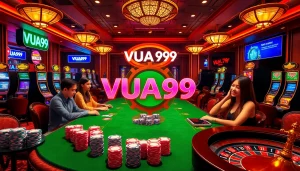 Gambling at VUA99 casino with exciting poker action, vibrant chips, and a roulette wheel.