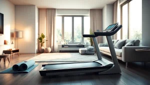Walking pad treadmill manufacturer showcasing a sleek and modern design in a bright home fitness setting.