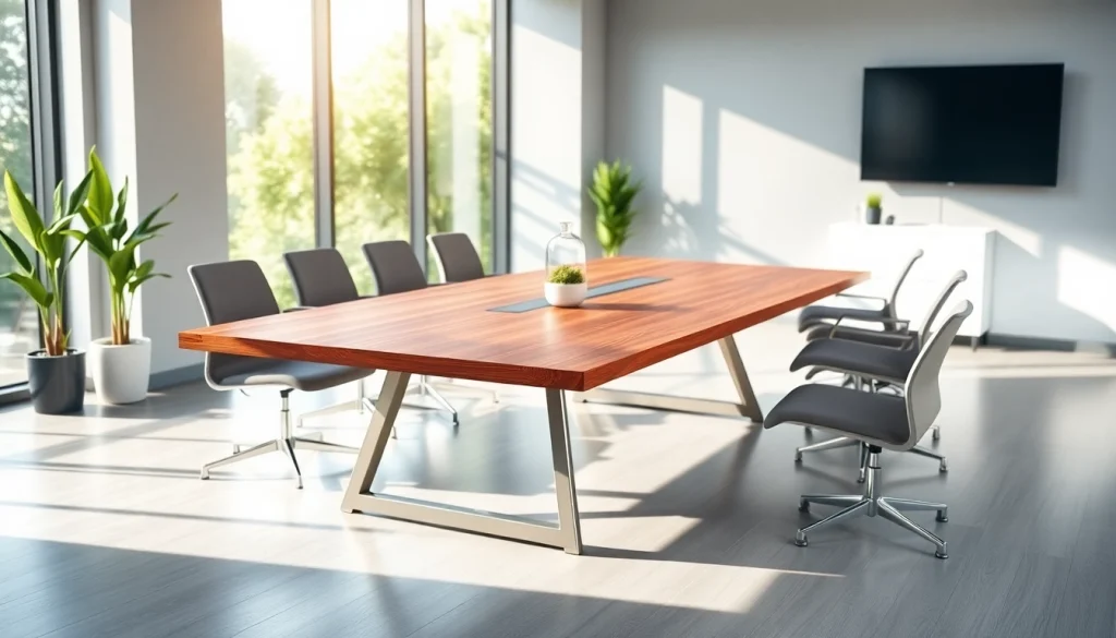 Elegant conference tables showcasing modern design in a bright office setting.