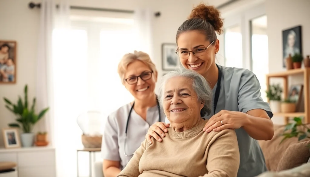 Caregiver assisting an elderly person, representing senior care austin tx in a warm, homey environment.