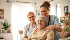 Caregiver assisting an elderly person, representing senior care austin tx in a warm, homey environment.