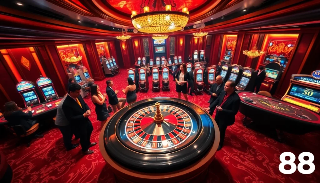 Exciting gameplay at VN88 casino with roulette, poker tables, and slot machines.