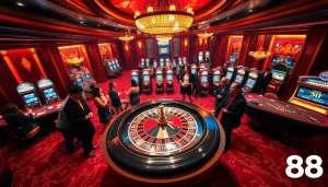 Exciting gameplay at VN88 casino with roulette, poker tables, and slot machines.