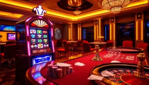 Nổ Hũ slot machine in a luxurious casino setting, showcasing vibrant lights and poker chips.