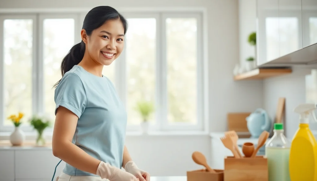 Myanmar maid happily working in a bright and modern kitchen, creating a welcoming atmosphere.