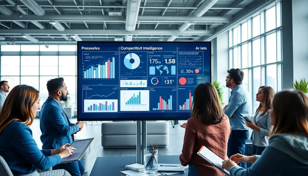 Team collaborating on insights for competitive intelligence in a bright modern office.