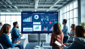 Team collaborating on insights for competitive intelligence in a bright modern office.