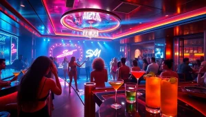 The vibrant nightlife at Club SXM featuring beautiful dancers and luxurious cocktails in an immersive setting.