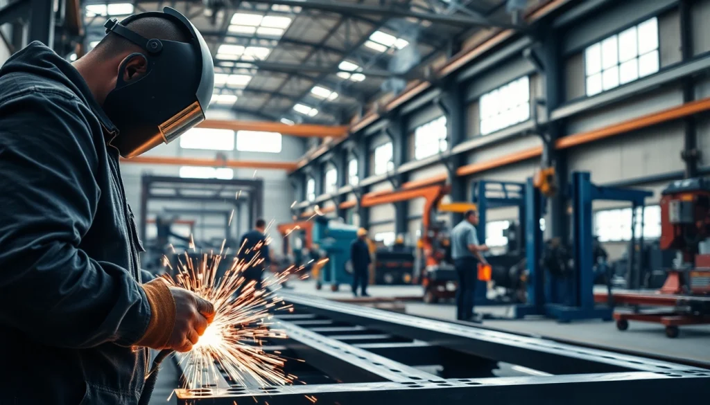 View of a steel fabrication shop with workers welding and assembling metal components.