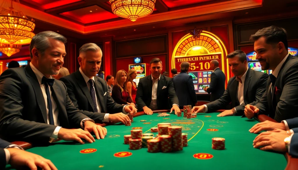 Players strategizing at a poker table showcasing excitement and birutoto elements in a luxurious casino.