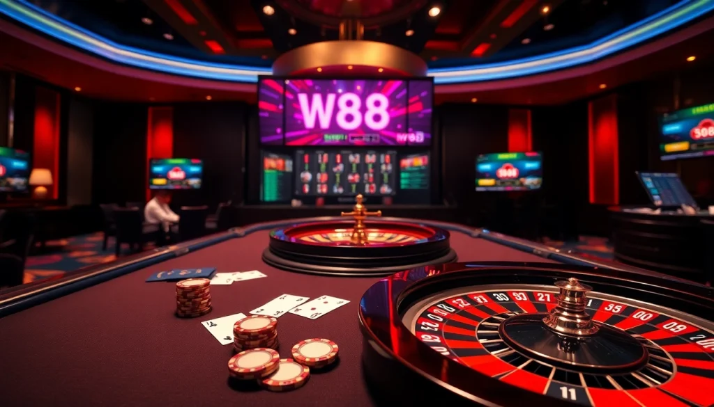 Chơi tại một casino sang trọng có giao diện liên kết W88, chip bài poker và những lá bài.