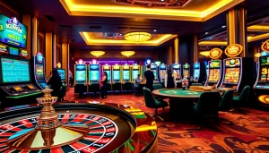 Engage with thrilling games at king88's immersive casino environment featuring poker tables and roulette wheels.