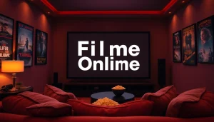 Cozy home theater displaying Filme Online with popcorn and film decor.