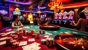 Rasakan sensasi OBRALTOTO dengan suasana kasino yang hidup, penjudi yang energik, chip poker, dan mesin slot yang menyala.