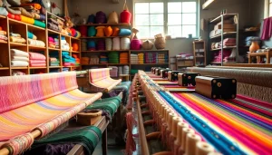 3 artisans weaving katoen fabrics in a vibrant textile workshop