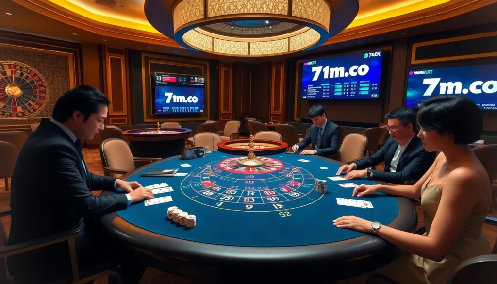 Experience the thrill of live gambling at 7m.cn with players engaging at a luxurious poker table.